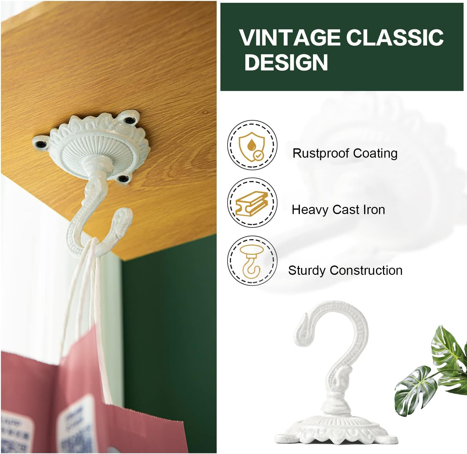 Sungmor Heavy Duty Ceiling Hooks for Hanging Plants, 3PC White 3.5x3.9Inch Large Cast Iron Ceiling Hooks, Antique Decorative Ceiling Swag Hooks for Hanging Planter Chandelier Wind Chime Lantern Hanger