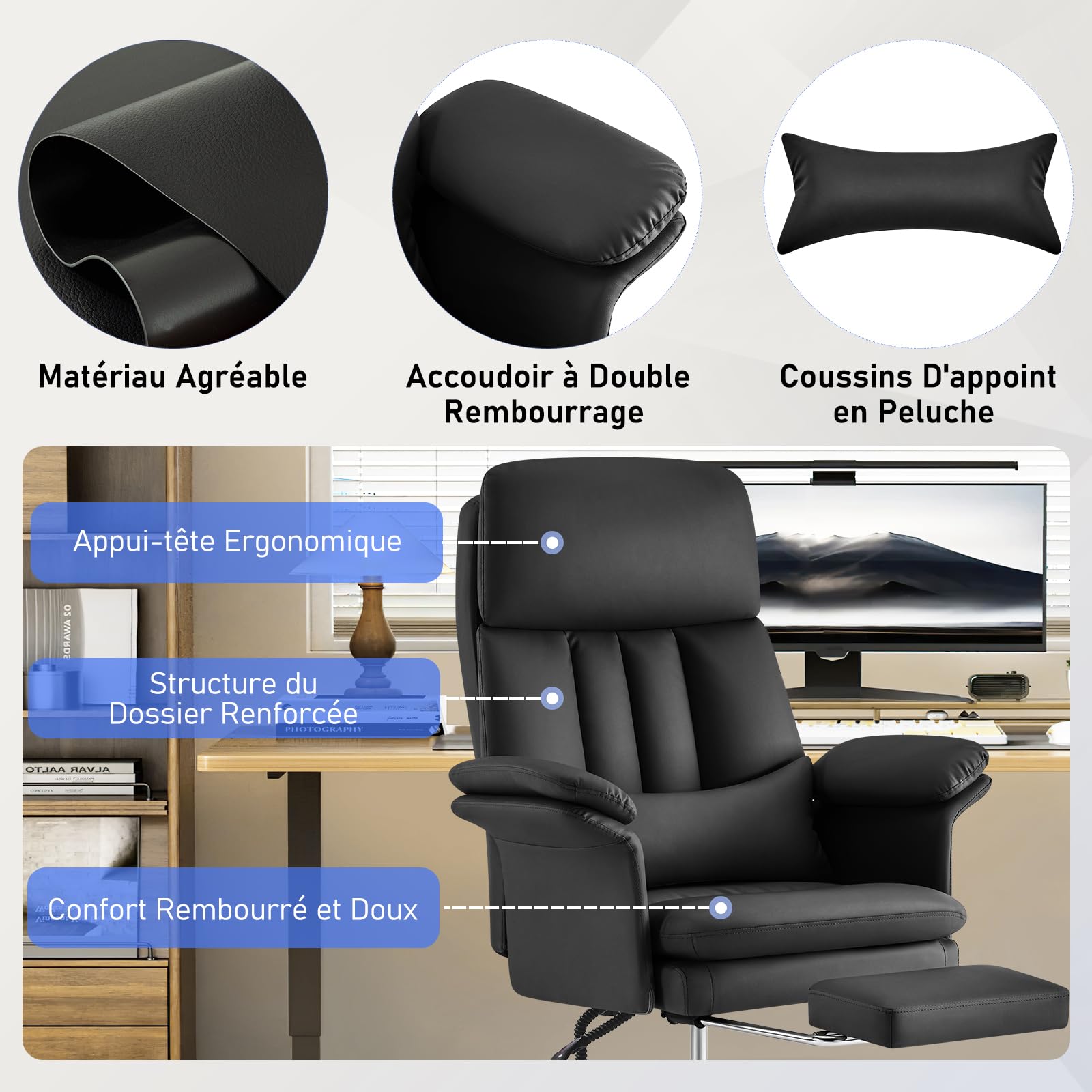 Hellove Fauteuil de Bureau avec Soutien Lombaire Précis, Chaise Ergonomique en Cuir PU avec Repose-Pieds (200kg), Dossier Haut Inclinaison 135°, Fauteuil Direction Pivotant pour Home Office, Noir