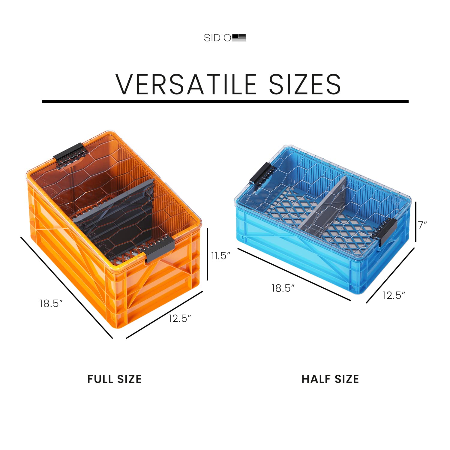 SIDIO CRATE Starter Pack – Dos SidioCrate de tamaño completo y uno de tamaño medio, contenedores de almacenamiento apilables para exteriores con tapa transparente y divisores – Paquete variado SIDIO