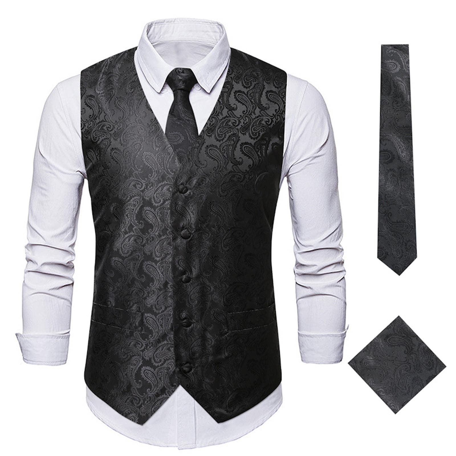 NUSGEAR Hombre Chaleco y Corbata de Jacquard Floral de Paisley y Traje de Chaleco Cuadrado de Bolsillo Chalecos de Vestir Corbata Pañuelo Banquete de Boda Formal Traje Conjunto