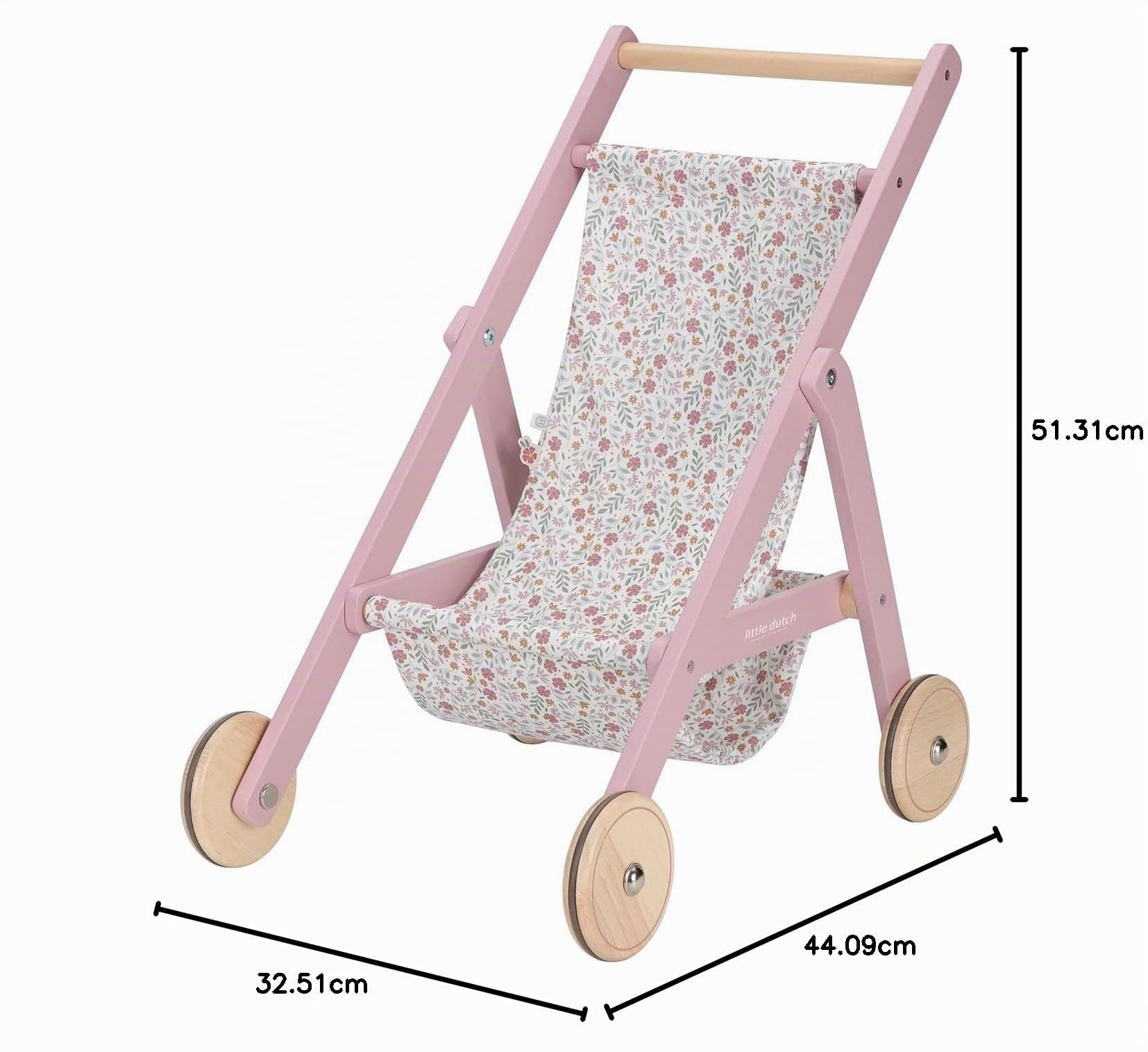 Little Dutch Holz Puppenbuggy Puppenwagen mit Ablagefach für Puppen von 33-46 cm Soft Flowers rosa