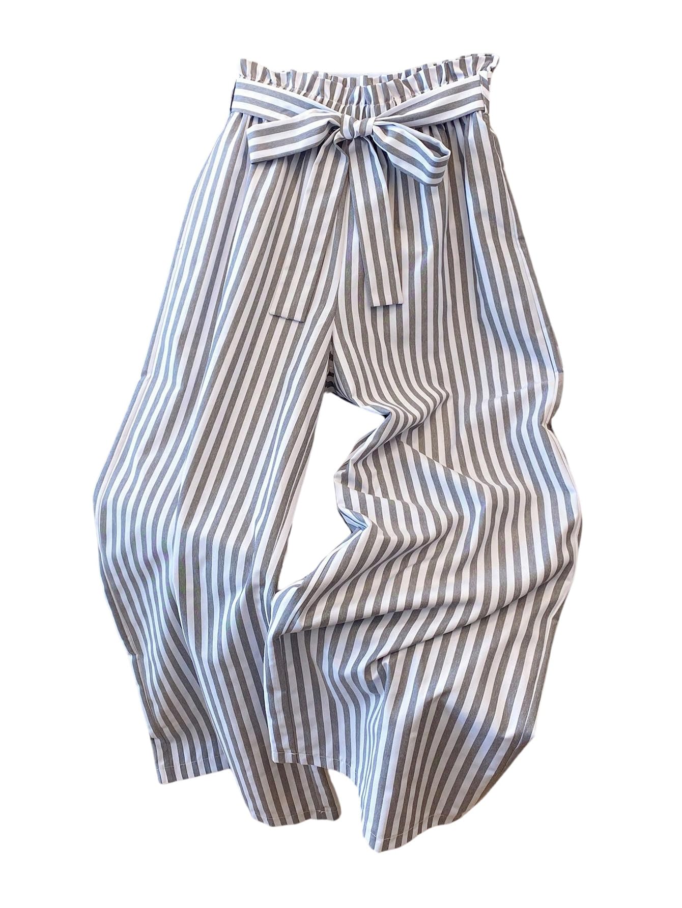 MakeMeChic Womens Striped High Waist Pants Wide Leg Straight Belted Trousers