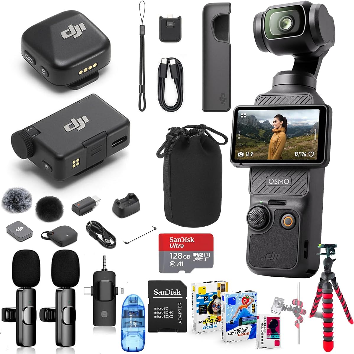 DJI Osmo Pocket 3 Vlog Combo, cámara Vlogging con CMOS de 1'' y 4K/120 fps, paquete de sistema de micrófono inalámbrico mini compacto + memoria de 128 GB, software, sistema de micrófono inalámbrico 2X, trípode Spider y más