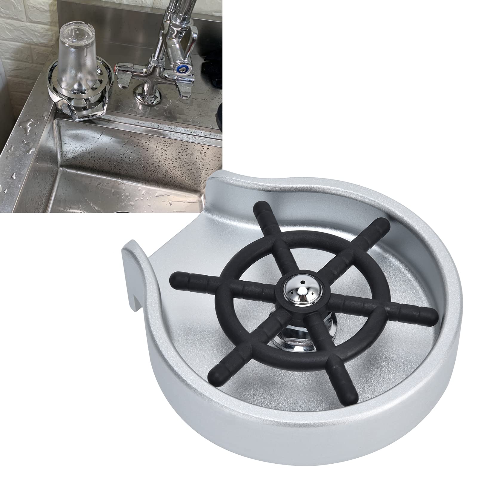 Enjuagador de vasos para fregadero, lavavasos automático de alta presión con cuerpo y manguera de acero inoxidable, ideal para uso en hogares, bares y restaurantes; cabezal (Plata Negro)