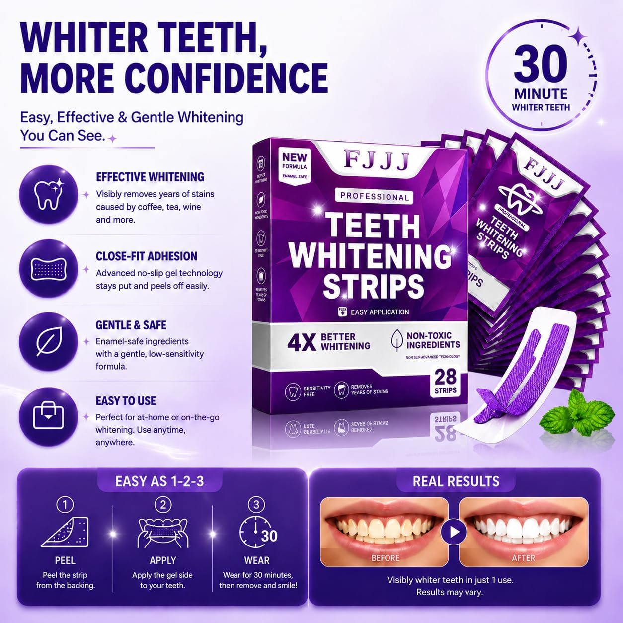 Purple Teeth Whitening Strips,Surface Stain Reduction & Natural Shine,Gentle Teeth Whitening in 30 Minutes,Safely Protects Tooth，Portable for Home or Out Use Non-Slip (28 Strips, Mint)