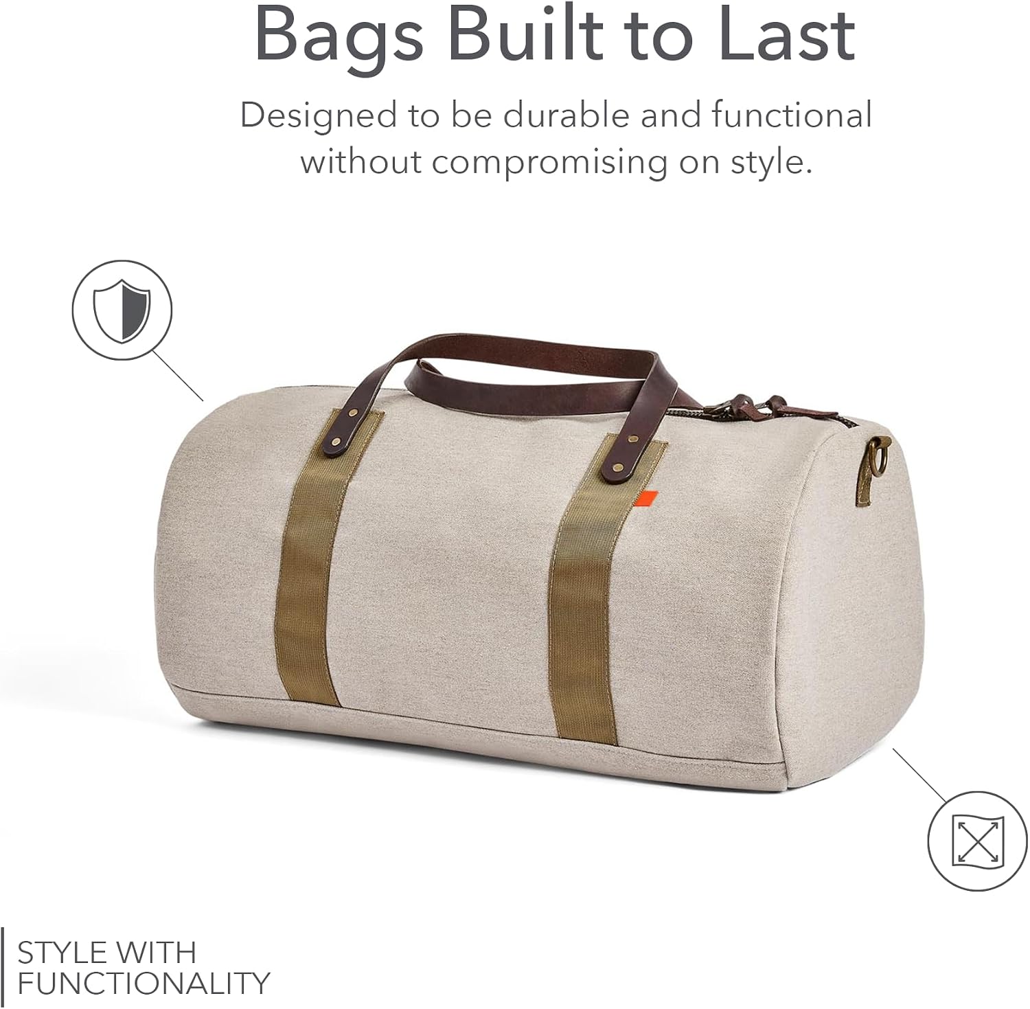 Sunbrella Glen Duffel Bag | Weekender Overnight Travel Carry-on with Leather Handles | Water & Stain Resistant | Adjustable Strap | Recycled Material | Ashe/Beige