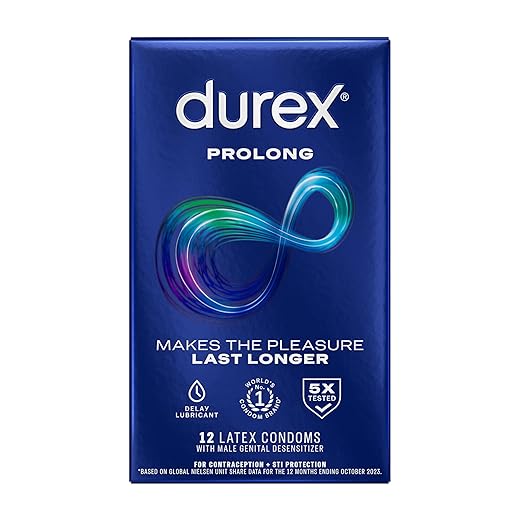 Durex Condom Prolong Natural Latex Condoms, 12 Count - Ultra Fine, ribbed and dotted with delay lubricant, Regular Fit