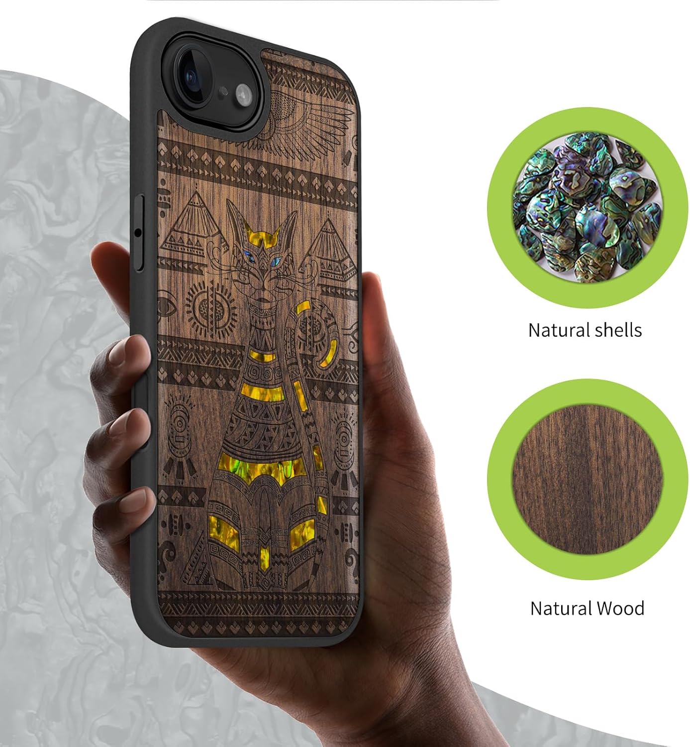 Carveit Magnetic Wooden Case for iPhone 16e / 17e, Wood Artisan Engraved & Handmade Shell Inlaid, TPU Shockproof Cover, Compatible with MagSafe Wireless Chargers, Eternal Watcher - Walnut
