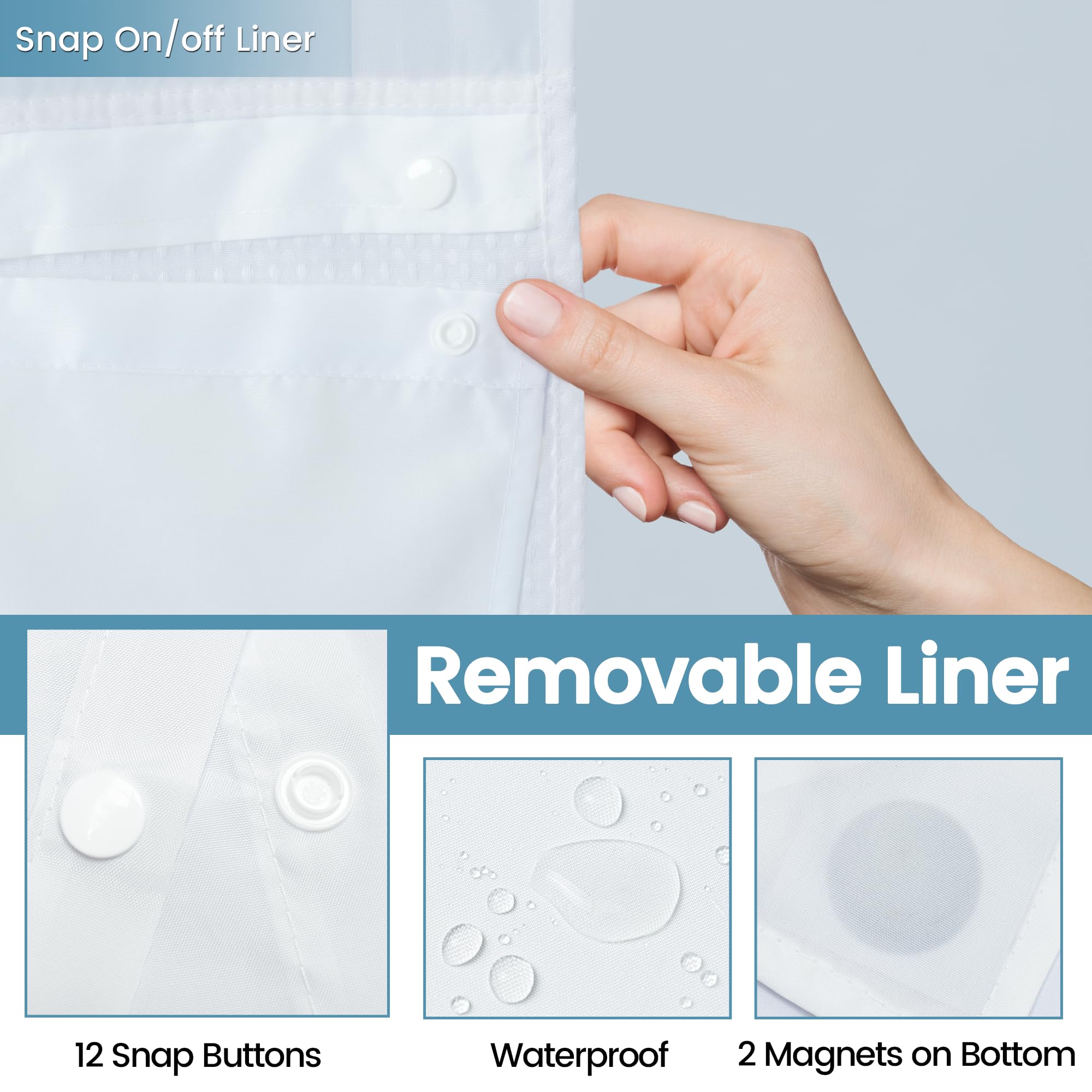 EUTXL Tenda da doccia senza gancio con fodera a scatto, 230 g/m², tessuto a nido d'ape per bagno, 91 x 188 cm, bianco