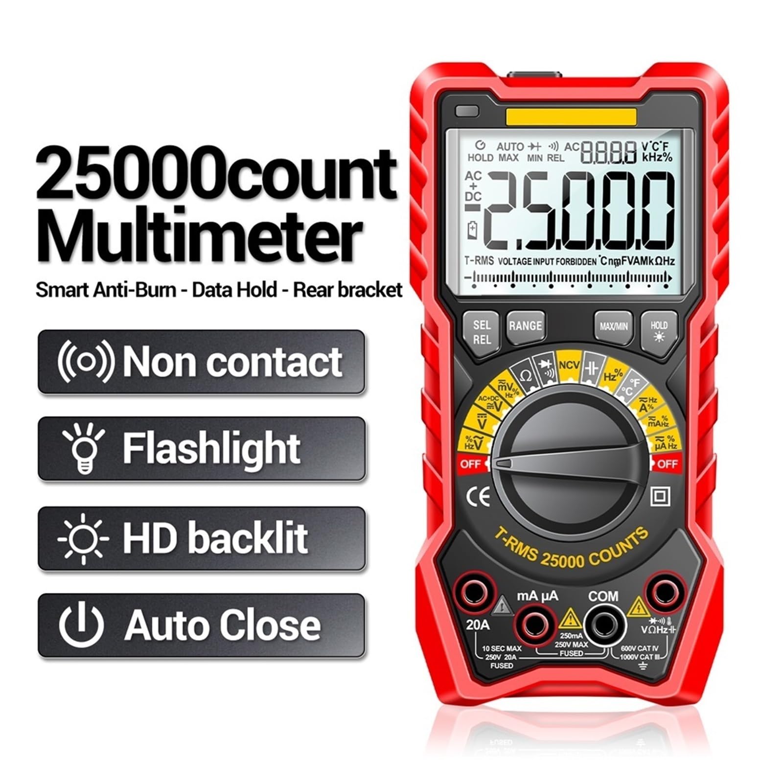 Multímetro De 25000 Recuentos, Medidor De Rango Manual Inteligente NCV AC DC Ohm, Multímetro Digital De Rango Manual Inteligente, Herramientas De Prueba Solución de Problemas con Velocidad y precisió