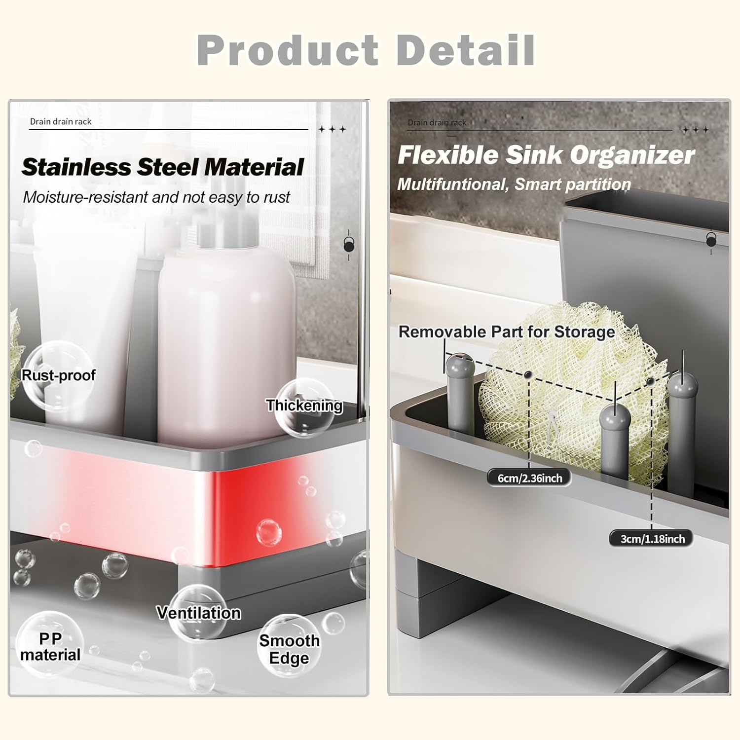 Sponge Holder for Kitchen Sink,Sink Caddy Organizer with Removable Brush Holder,Kitchen Countertop Soap Dispenser Storage with Detachable Towel Rack, Grey - Image 6