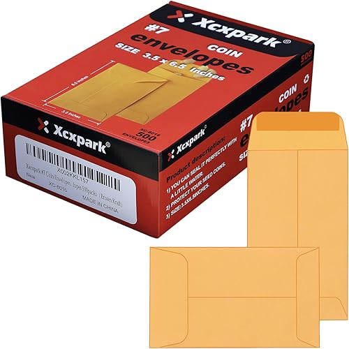 500 sobres para monedas #7, sobres de papel kraft marrón de 3.5 x 6.5 pulgadas, sobres clásicos de piezas pequeñas con solapa engomada autoadhesiva