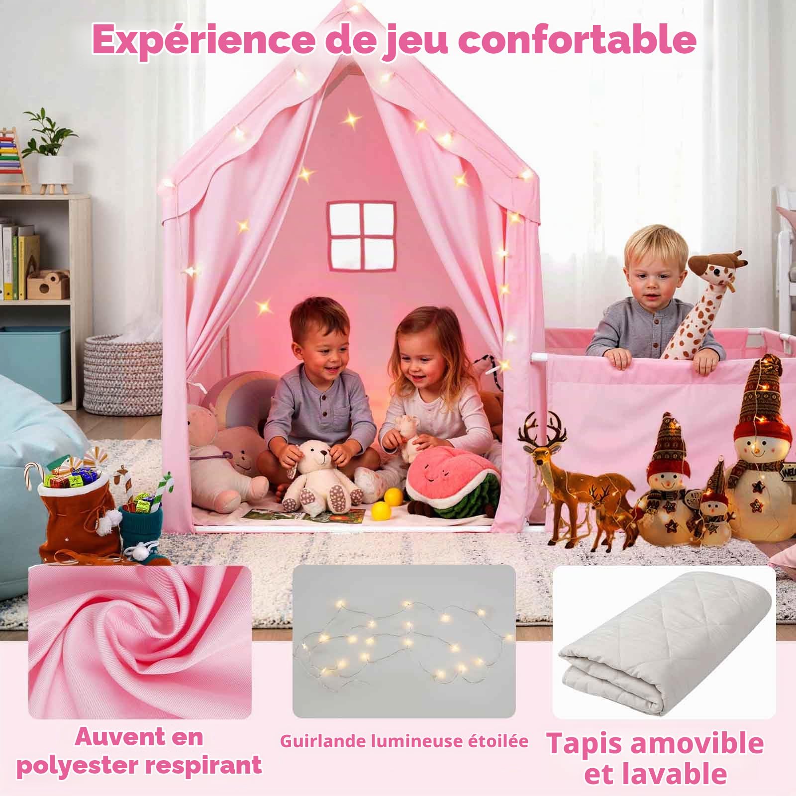 HOMASIS 2 en 1 Tente Enfants avec Enclos, Tente de Jeu avec Fenêtres, Lumières Étoilées et Tapis, pour Les Enfants de 3 Ans et Plus (Rose)
