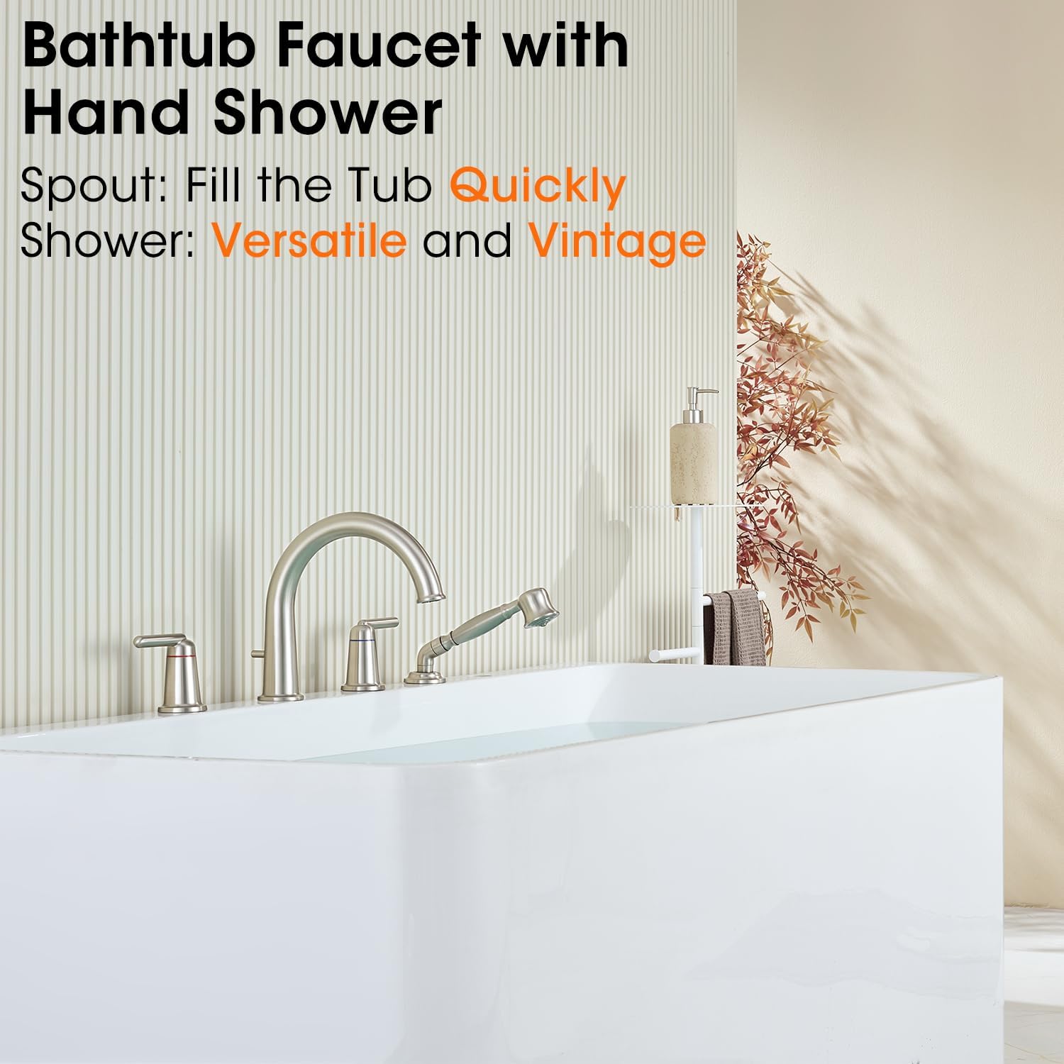 Tub Faucet Set, Roman Bathtub Faucet Set with Valve and Diverter Brass Vintage Bath Faucet for Tub Widespread 4 Hole 2 Handle Classic Gooseneck High Flow Tub Filler with Sprayer Brushed Nickel