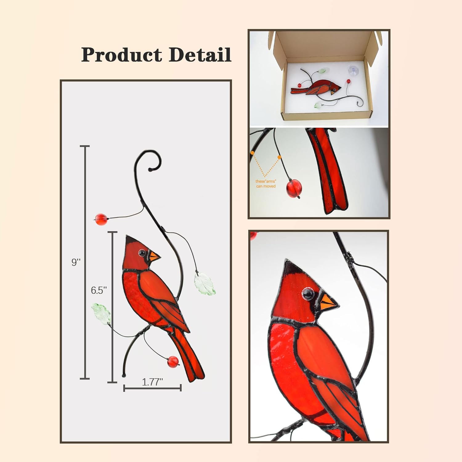 Lolitarcrafts Bigger Cardinal Stained Glass Window Hangings Cute Birds Suncathers for Window Monthers Day Gifts - Image 2
