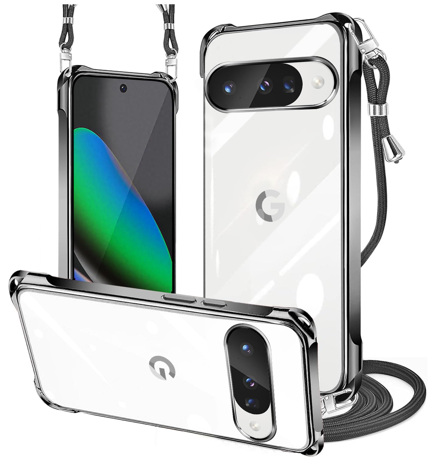 PAILAIMEN Google Pixel10 ケース クリア ネック ショルダー グーグルピクセル10 カバー 耐衝撃 対応 Pixel 10 Pro スマホケース 肩掛け 斜めかけ 縄掛け カバー メッキ加工 透明 TPU 薄軽型 ストラップ付き 携帯ケース ネックストラップ ショルダー 肩掛け 長さ調整可能 取り外し可能 落下防止 擦り傷防止（ブラック）