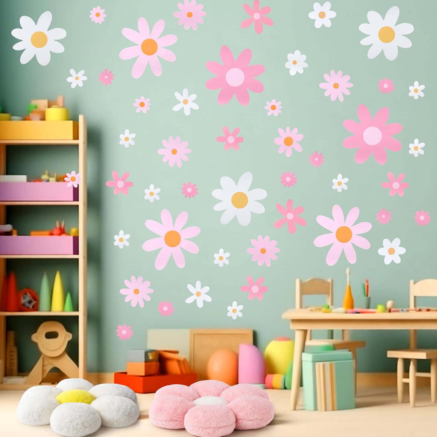 Flower Pillow and Wall Sticker Set Including 17.7 Inch 2 Daisy Pillow with 12 Stick Wall Decals for Home Nursery Bedroom Decor, Floral Theme Room Decorations