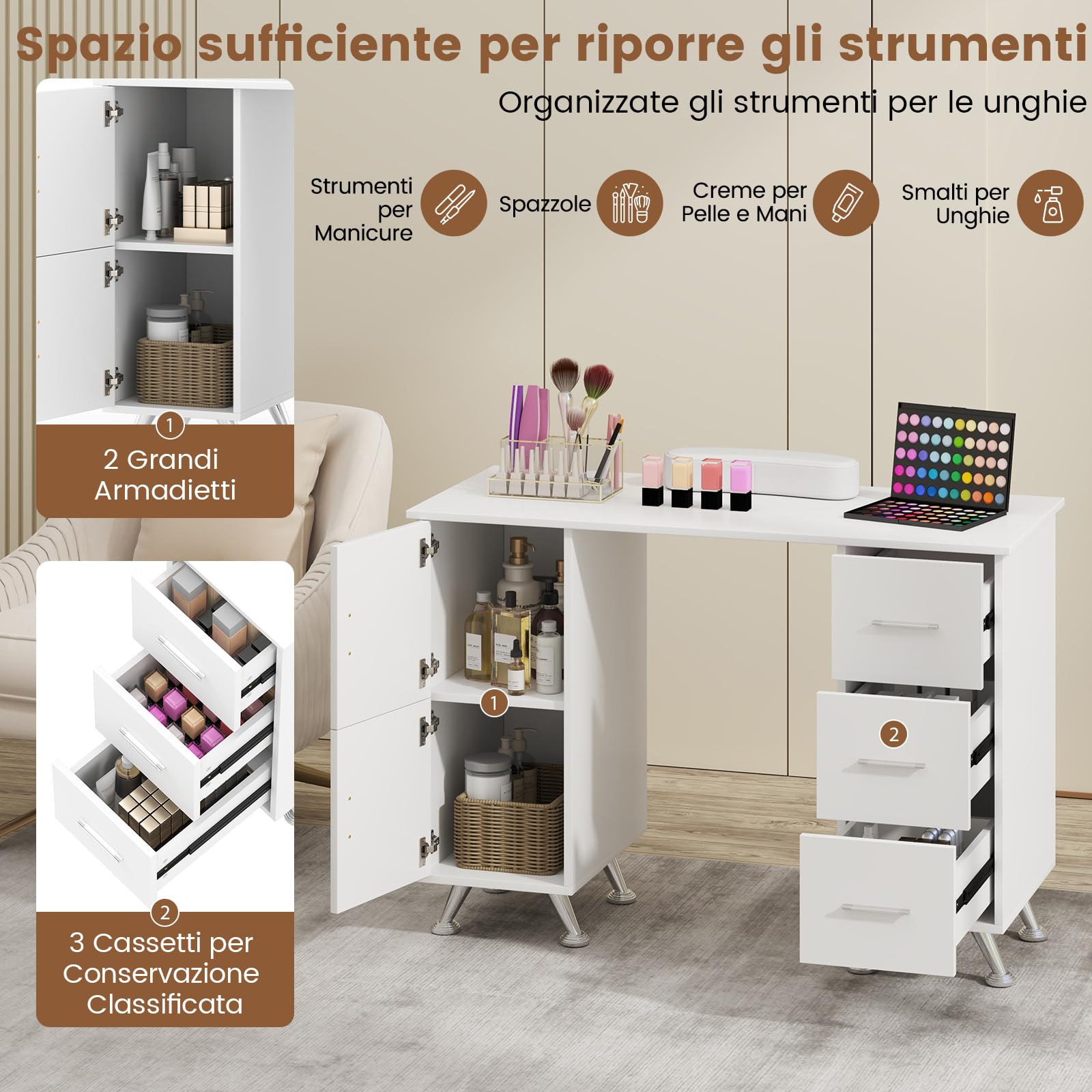 Tavolo da Manicure in Legno con Cassetti e Armadietti, Poggiapolsi Rimovibile, Gambe in Metallo, Bianco