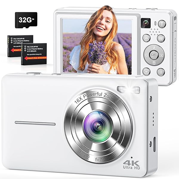 Digital Camera, 4K 64MP Cameras for Photography, Point and Shoot Digital Camera with Auto Focus, Dual Camera, Flash, 16X Zoom, Anti Shake, 32GB Card, Compact Vlogging Camera for Teens, Adults