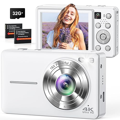 4K Digital Camera, 64MP Autofocus Point and Shoot Camera with Front & Rear Camera,  Flash, 16X Zoom, 32GB Card, 2 Batteries, Compact Vlogging Camera for Teens & Beginners