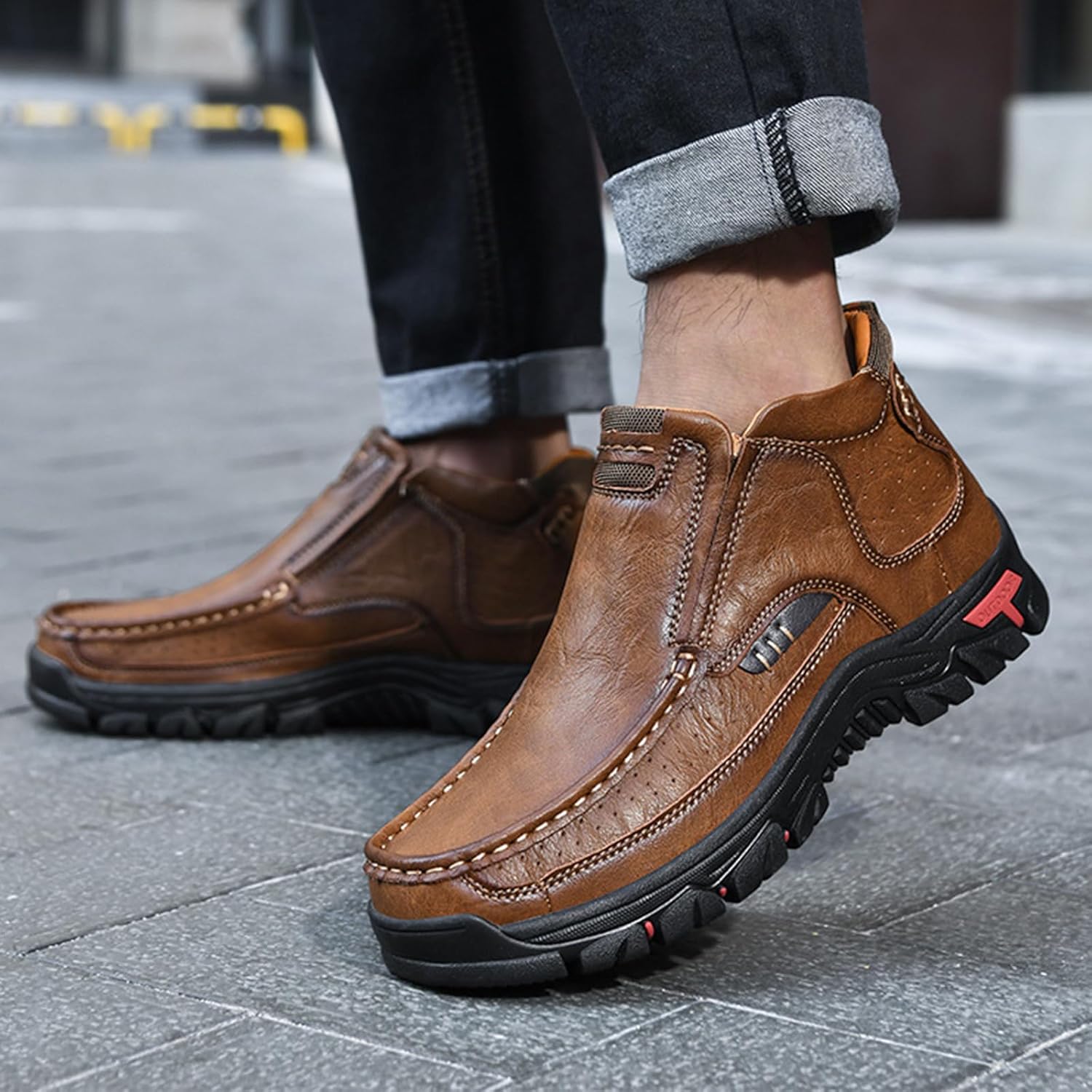 Men's Mid-top Outdoor Chukka Boots,Vintage Hand-Stitching Leather Arch Support Non-Slip Slip On Hiking Casual Shoes - Image 3