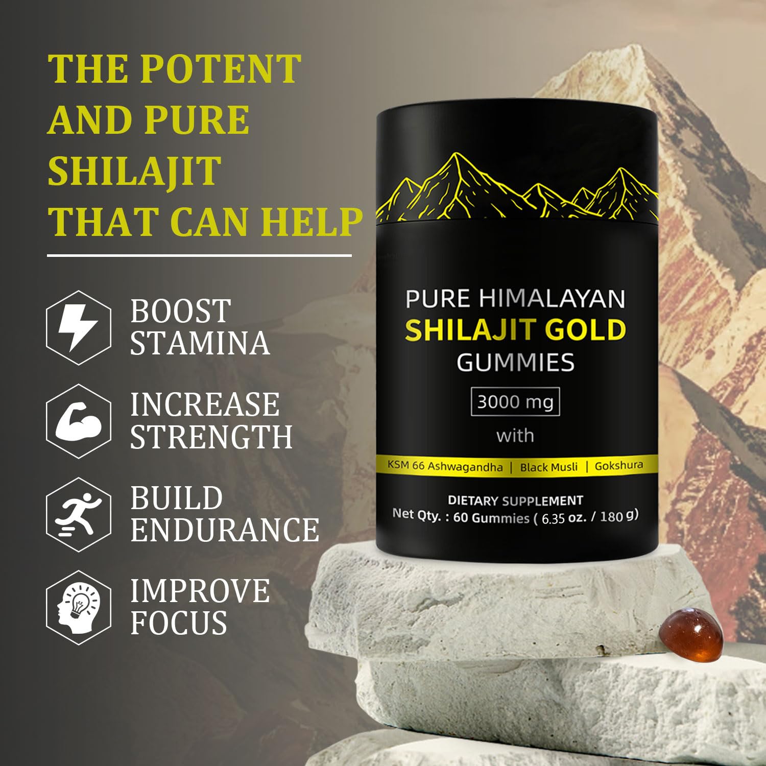 Shilajit Gold Gummies für den Menschen, Gold Seal Pure Shilajit angereichert mit Acid Fulvic, essentiellen Mineralien und 85+ Spurenelementen zur Steigerung der Energie und Immunität (gummies)