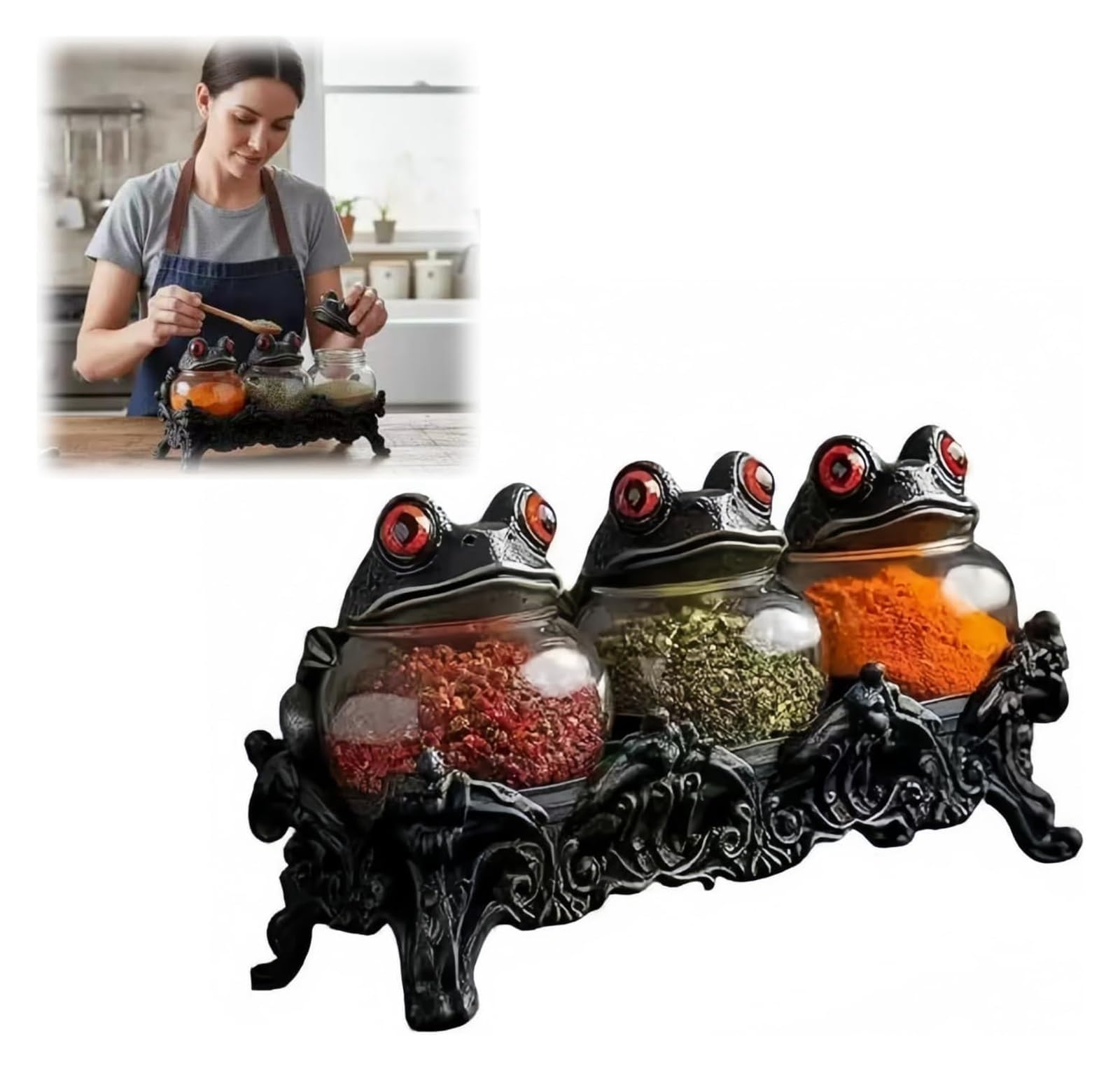 Anglocrate Black 2026 New Handcrafted Witchy Frog Apothecary Spice Jars - 3 Piece Set With Frog Lids, Vintage Unique Witchcore Kitchen Décor For Salt, Pepper, Herbs & Tea Leaves