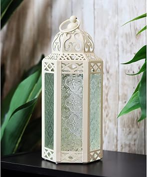 Vela Lanterns Decorative Indoor Moroccan Candle Holder, Cream, M | Wedding Lanterns, Ramadan Decorations, Ivory Shabby Chic Farmhouse Lamp, Votive Pillar Holder, Eid Tealight, 10.5in