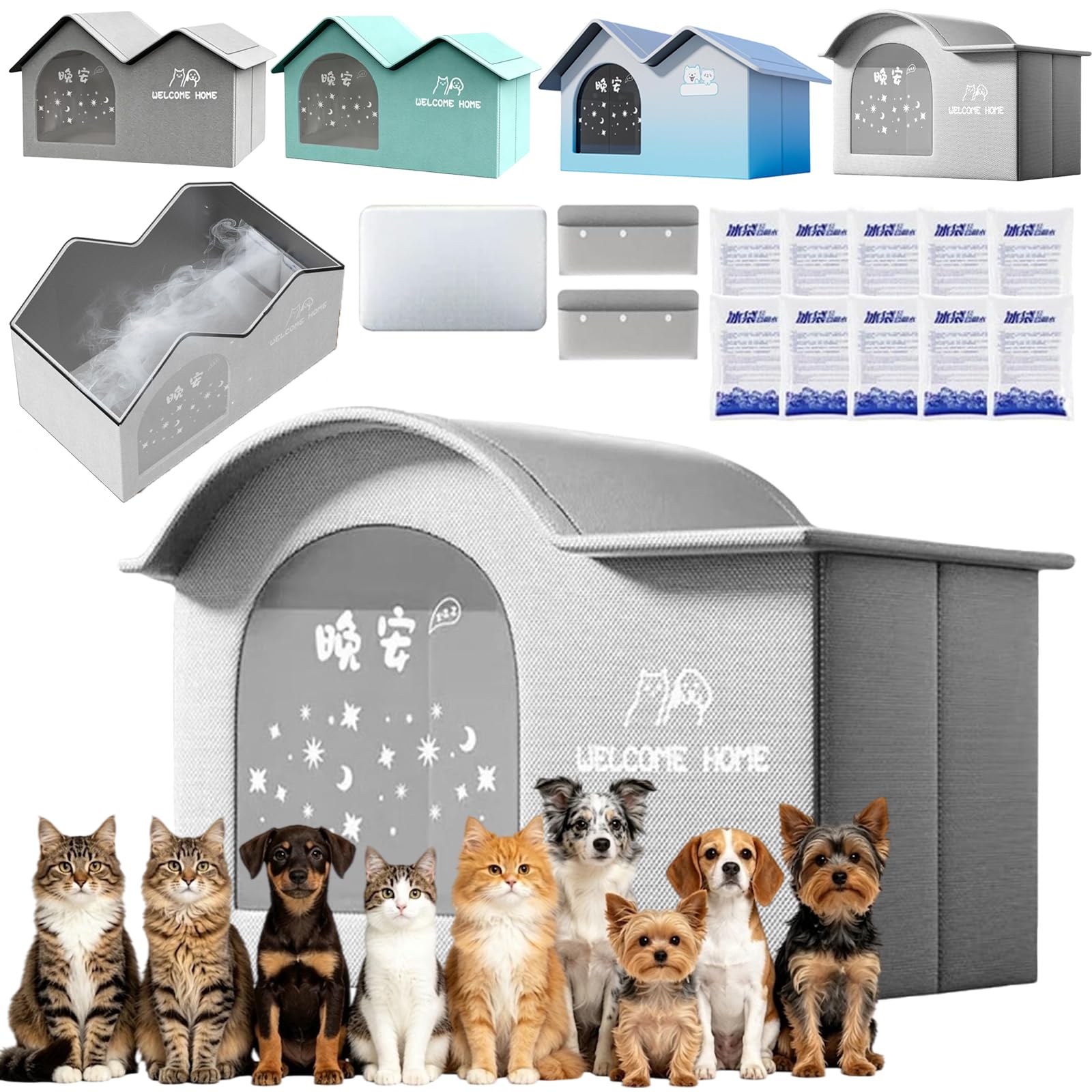 Maison Rafraîchissante Chat avec 10 Blocs de Glace, Maison Isotherme Chat 3 Couches, Cabane Rafraichissante Chats Pliable Portable, Niche Rafraichissantes Chats pour Été, Intérieur et Extérieur，D：L