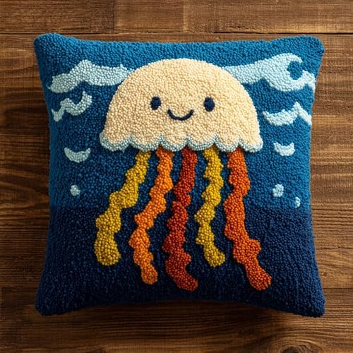 AxiangziK Latch Hook Pillow Kits 17x17in,Cartoon Jellyfish Printed Pillowcase Latch Hook Kits for Beginners Adults DIY Handmade Cushion Decoration Sofa