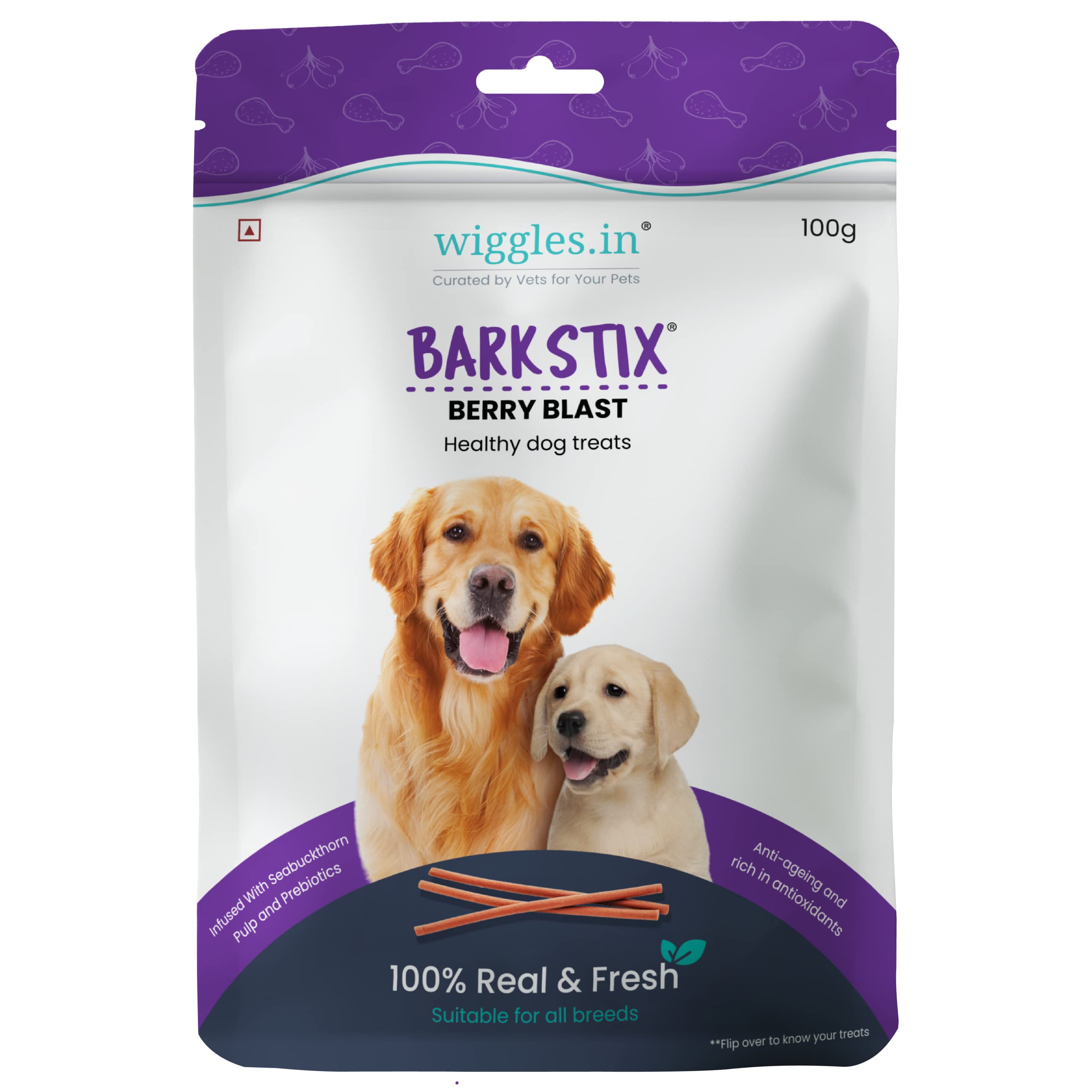 Wiggles Barkstix Dog Treats (Berry Blast, 100g) | Fresh Chicken Soft Chew Sticks for Training Adult Puppies | Boost Healthy Skin & Coat and Anti-Ageing with Ashwagandha and Biotin | for All Breeds