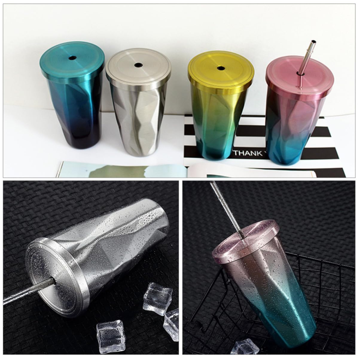 2 Stück pack Doppelwandige Edelstahl Isolierbecher mit Strohhalm Tragbar und Kreativ für Kaffee Zuhause oder Restaurant Modernes Design 500ml