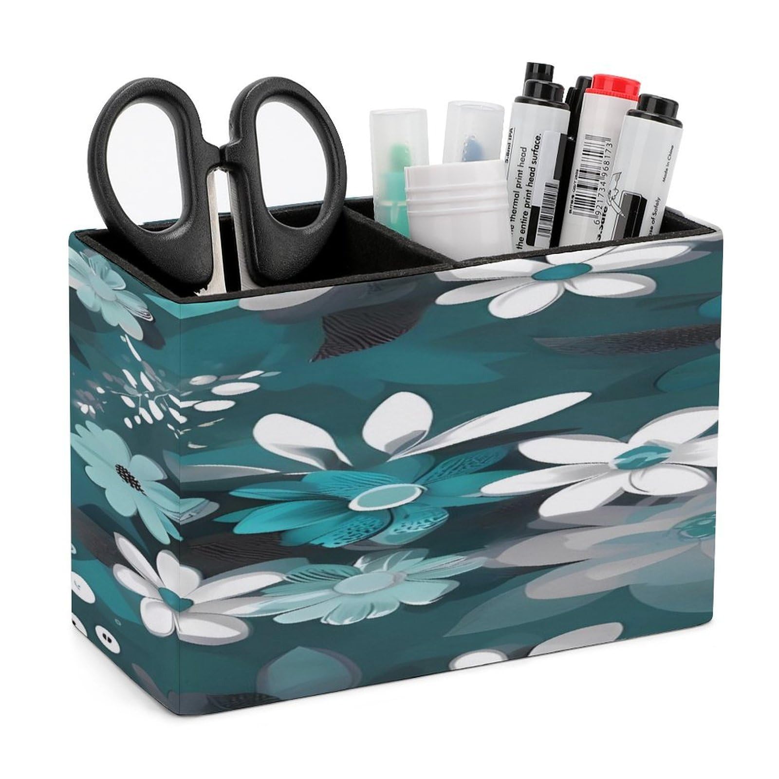 LDGSUPH Teal Grey And White Floral_76917038 Leather Pen Holder for Desk Organizer Caddy Large Pencil Cup Multi-function Pencil Holder Makeup Brush Holders Pen Organizer for Home Office Storage Box