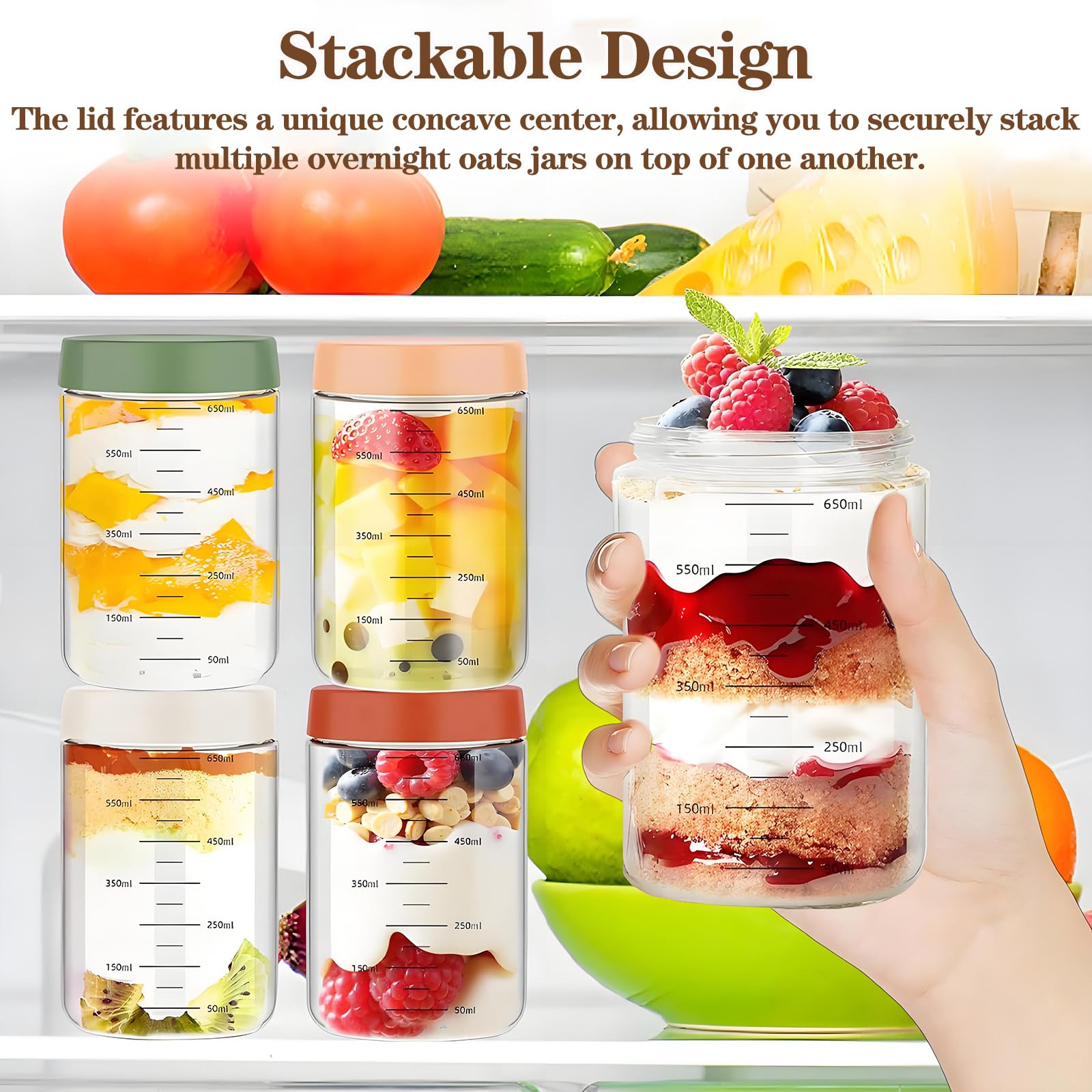 NCONCO Paquete de 4 tarros de vidrio multiusos de 750 ml con tapas, reutilizables a prueba de fugas, tarros de almacenamiento de alimentos con tapas para aperitivos, yogur, preparación de comidas