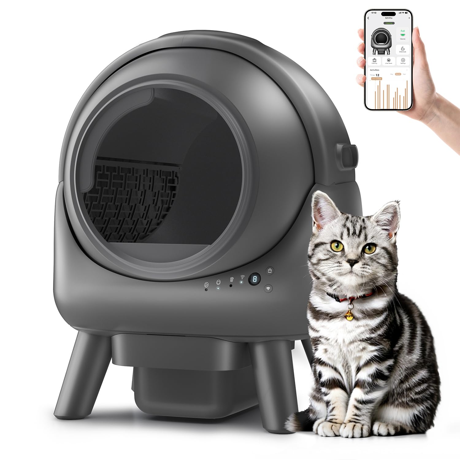 Beokeo Self-Cleaning Litter Box for Multiple Cats, Smart App-Controlled with Health Monitoring, 15-Day Odor-Free Capacity, Safe for Cats up to 18 lbs, B-Grey - 1