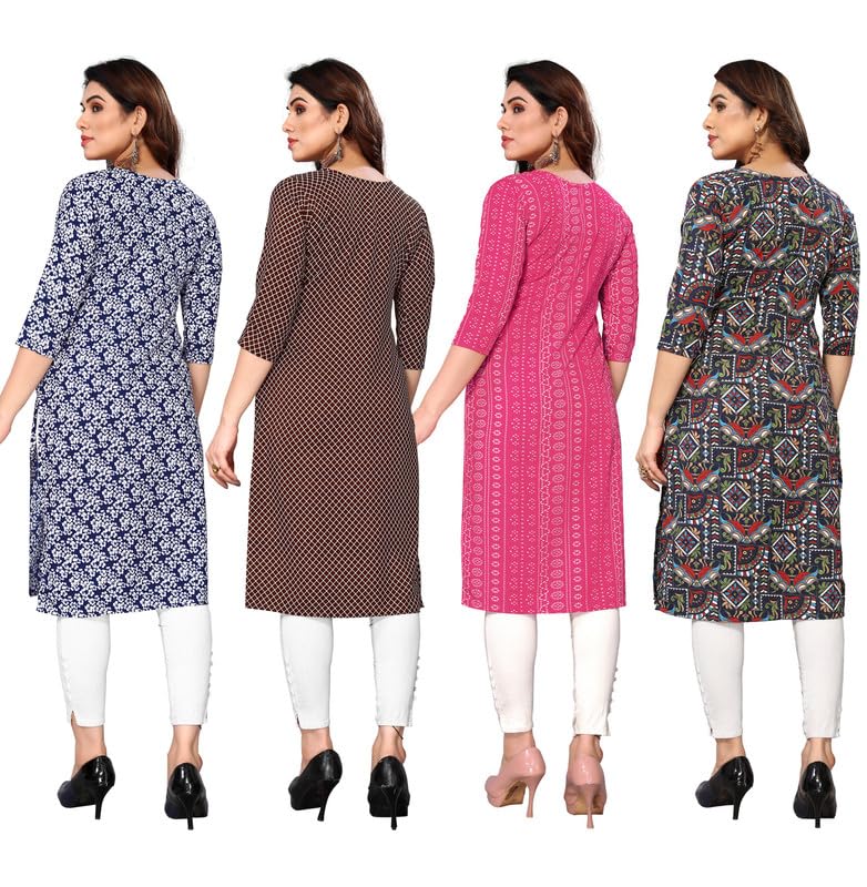 Image of JAKHANA Women's Crepe Printed Casual Straight Calf Length Round Nick Kurta Pack of 4