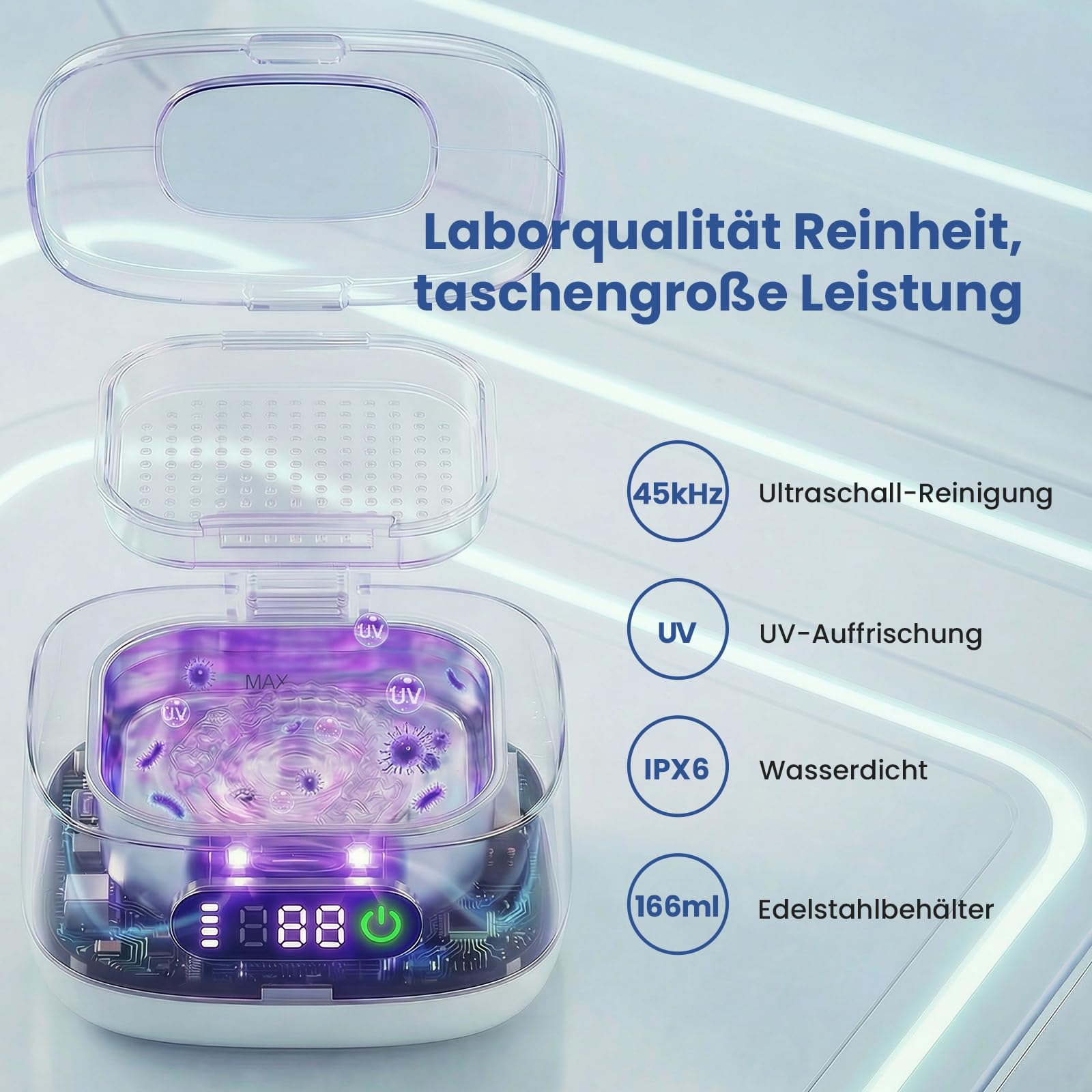 Tragbares Ultraschallreinigungsgerät mit UV-Licht – Kabelloser & Wiederaufladbarer Reiniger für Invisalign, Zahnschienen, Aufbissschienen & Gebiss | Reisefertig mit integriertem Spiegel