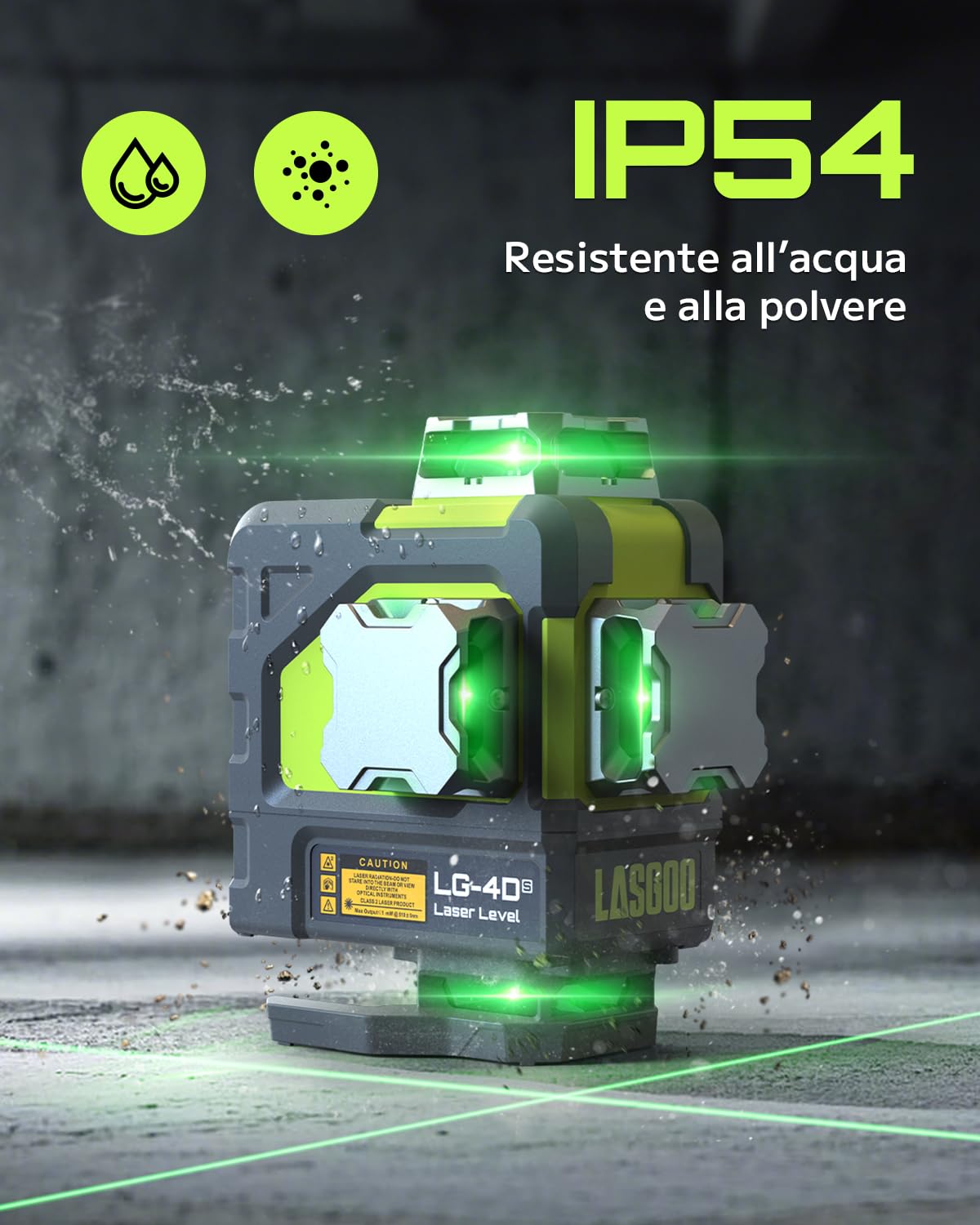 Livella laser autolivellante LasGoo 4x360°, 16 linee laser verdi, per edilizia e decorazione, con 2 batterie ricaricabili agli ioni di litio e supporto magnetico, modello LG-4Ds