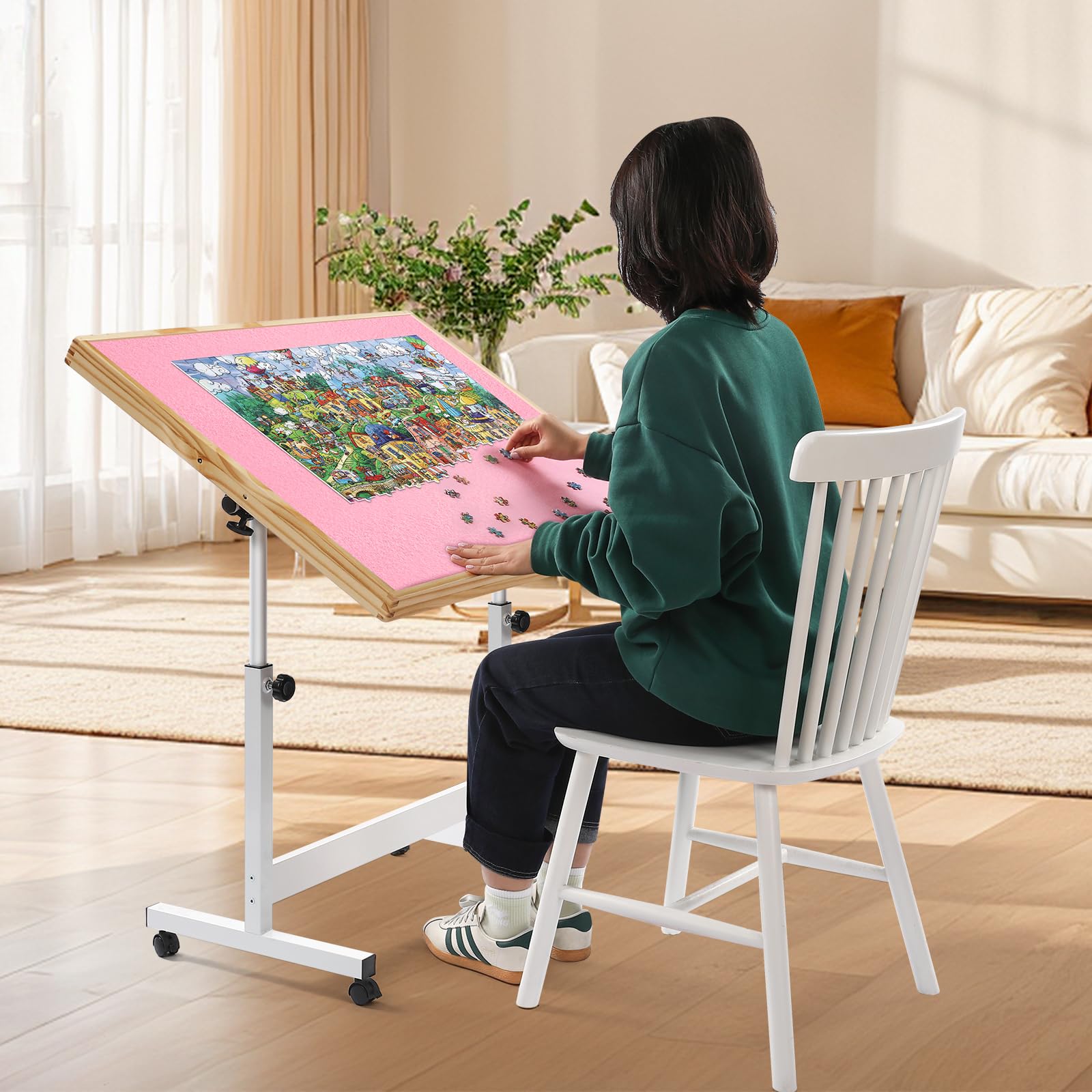 Ynredee Wooden Jigsaw Puzzle Table for Adults,Jigsaw Puzzle Storage Folding Tilting Table with Height Adjustment & Wheels,Portable Board for Games,Gift for Puzzle Amateu (Pink,1500 Pcs)