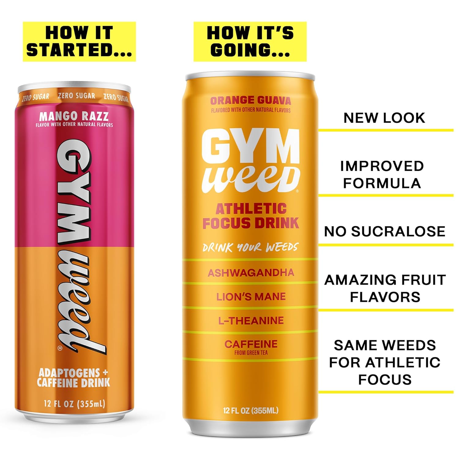 GYM WEED Athletic Focus Drink with KSM-66 Ashwagandha, Lion's Mane Mushroom, L-Theanine, 200mg Green Tea Caffeine with Natural Sweeteners Orange Guava Flavor, 12 Pack