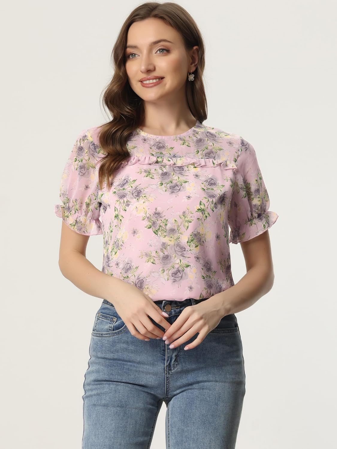 Allegra K Women's Chiffon Floral Short Sleeve Ruffled Trim Blouse Top - Image 2