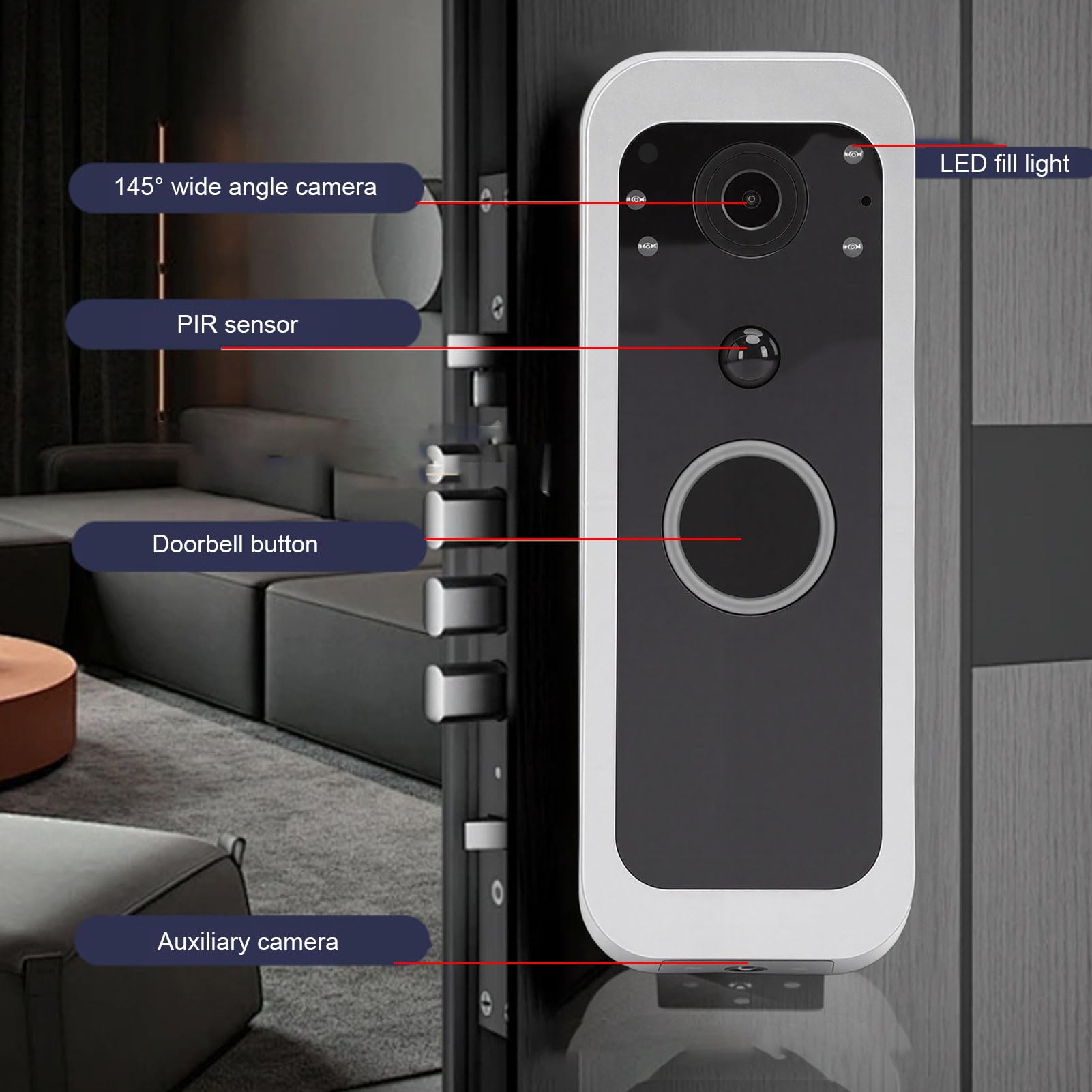 Timbre con Video WiFi, Cámara De Doble Lente HD 1080P con Detección De Movimiento y Comunicación Bidireccional Timbre Inteligente Resistente Al Agua IP65 para Hogar