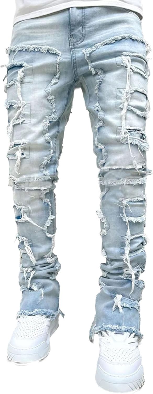 Men's Tight Elastic Force Patch Jeans Skinny Fit Biker Stretch Denim Jean Hip Hop Slim Washed Denim Pants