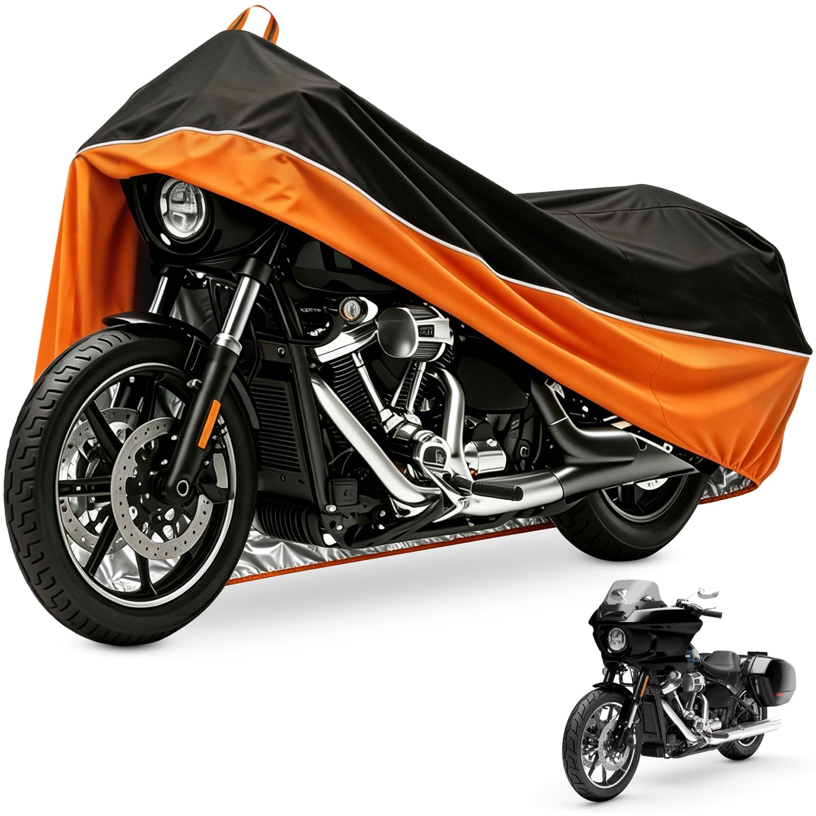 Funda Impermeable para Motocicleta Harley Davison, Honda, Suzuki, Kawasaki, Yamaha y más (tamaño XL) para Todas Las Estaciones, Color Negro y Naranja