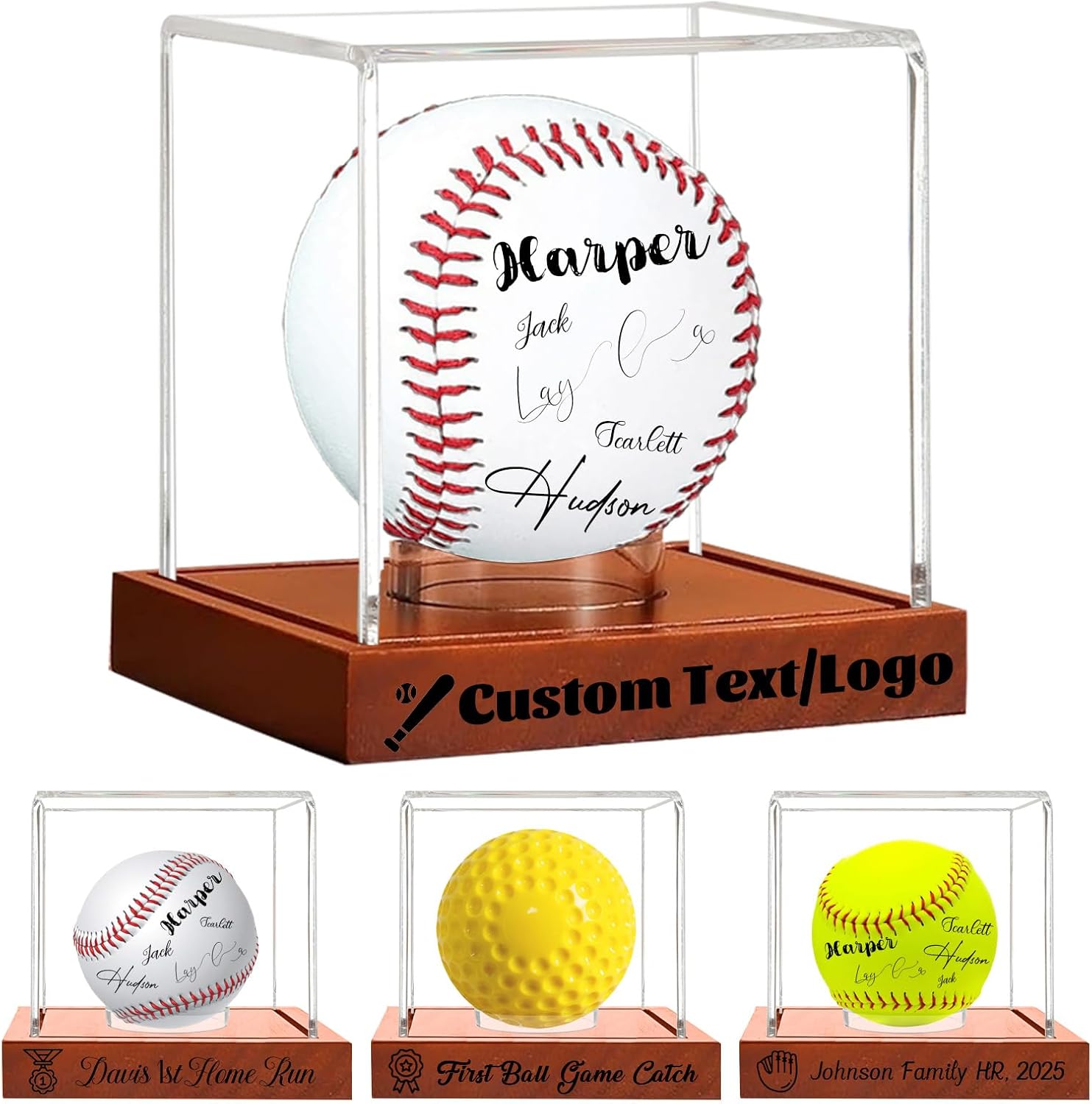 Personalized Baseball Display Case Custom Text and Icon Baseball Holder with Engraved Wood Base UV Protected Clear Acrylic Storage Box Stand for Baseballs and Softballs (Display case)