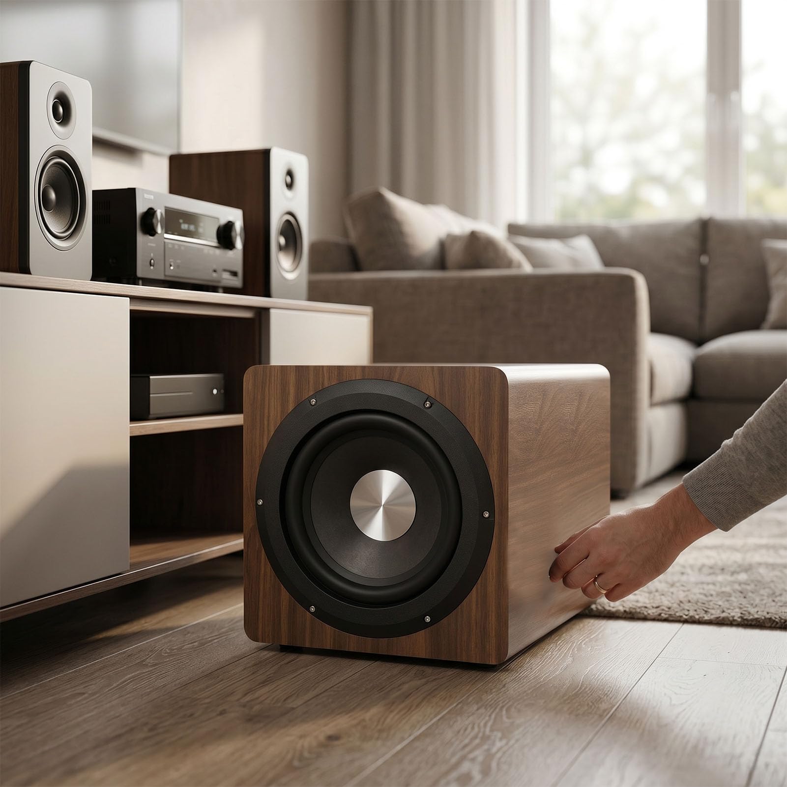 Annadue Subwoofer Alimentato Color Rovere, Altoparlante HiFi da 6,5 ​​pollici 100 W RMS 150 W PMPO Subwoofer Alimentato Indipendente con Bassi Turbo per Home Theater in Studio (Spina europea)