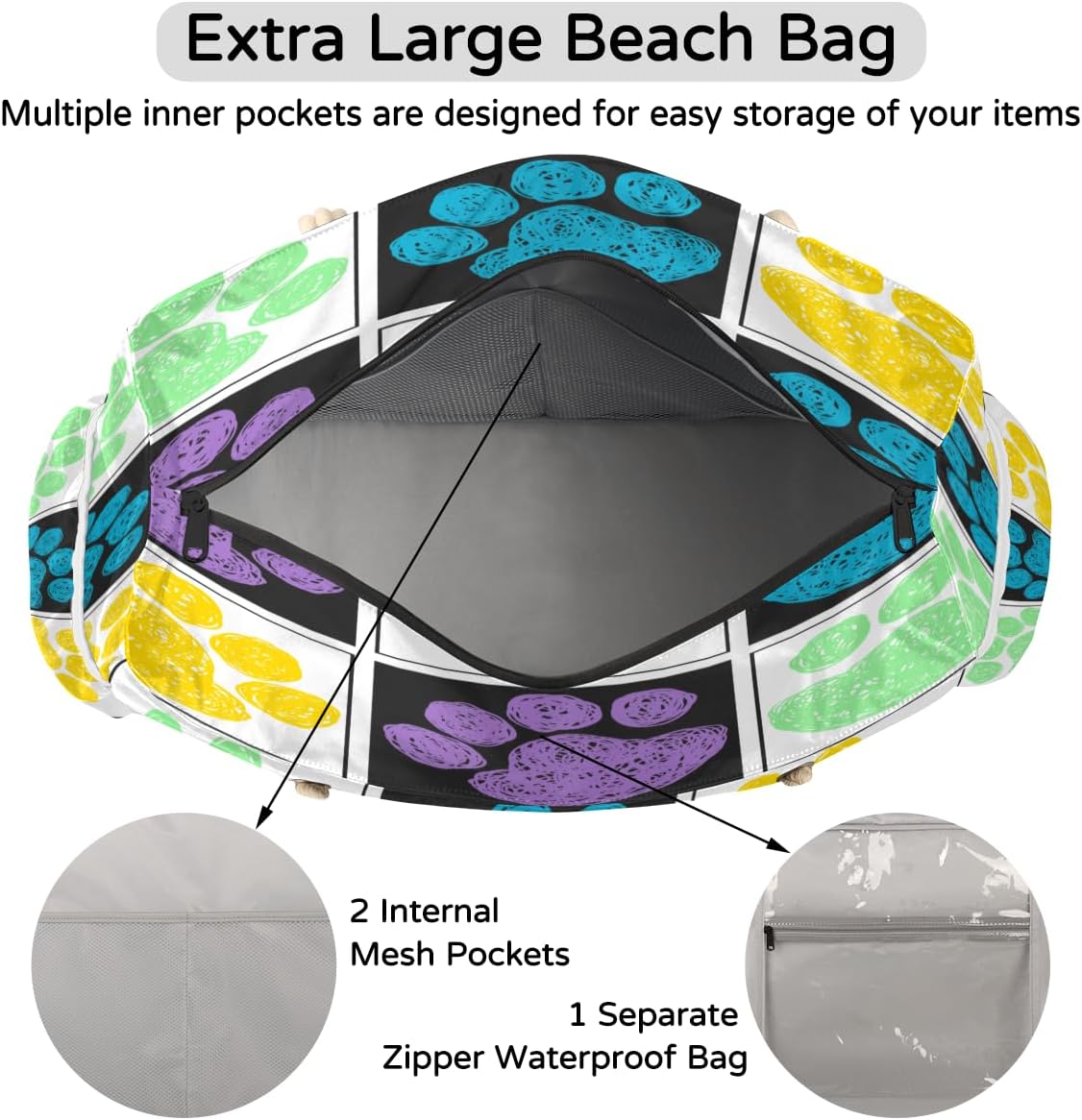 Painted Grid Dog Paw Prints Beach Bag for Women Waterproof Sandproof Tote with Zipper Cotton Rope Handles for Travel Pool Gym Shopping
