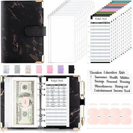 Splendid 27-Piece Marble Black Budget Binder & Envelopes