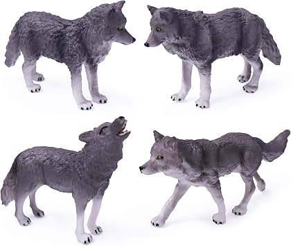 UANDME 4pcs Wolf Toy Figurines Set - Wolf Animal Figures Family Cake Topper Toy Gift for Kids Grey