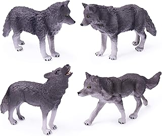 4pcs Wolf Toy Figurines Set Wolf Animal Figures Grey Wolf Family Cake Topper Toy Gift for Kids (Grey)